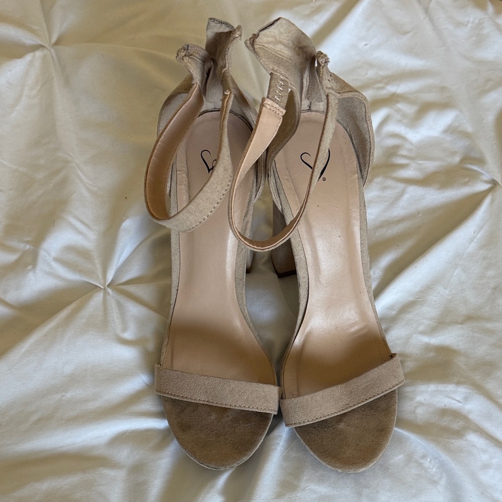 Neutral Beige Suede Ankle-Strap Women's Heels